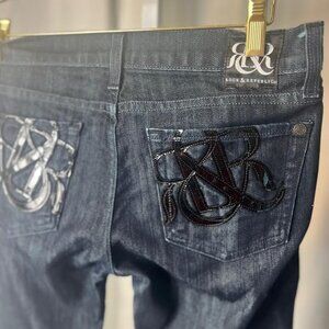 Rock & Republic Straight Leg Jeans in Dark Wash with Black Patent Trim - Size 26
